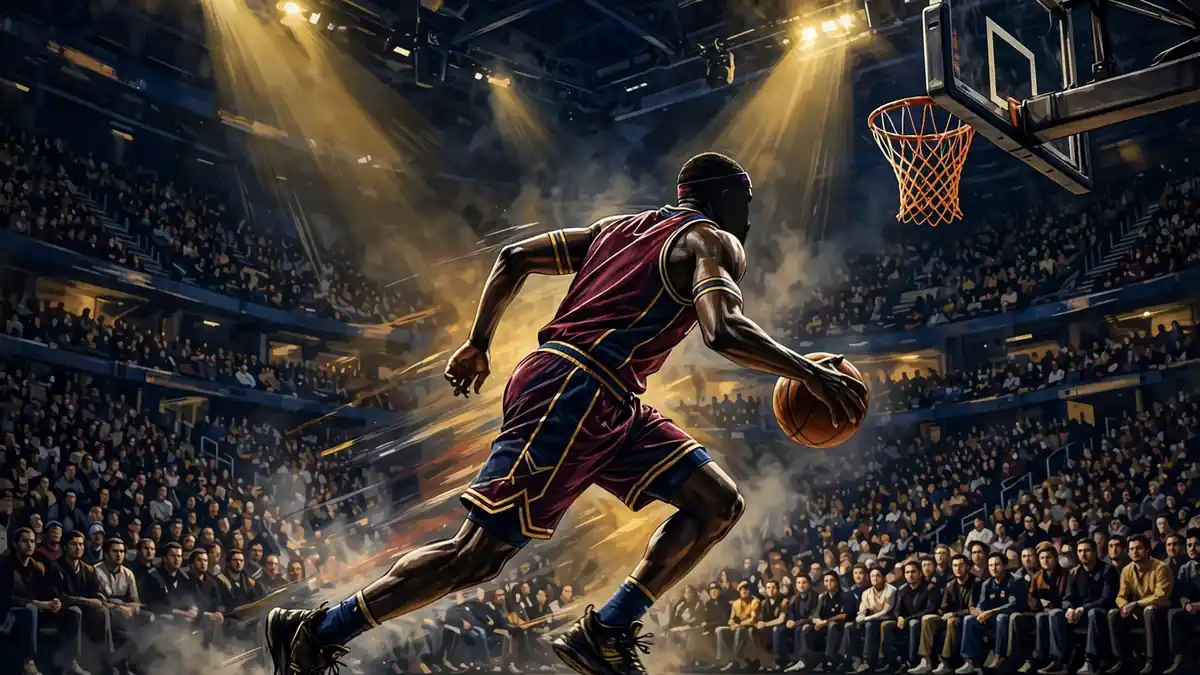 Illustration of a basketball guard driving to the hoop in a packed arena, navy and gold style