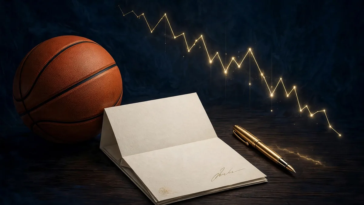 Illustration of a basketball beside a signed contract and a declining earnings chart, navy and gold style