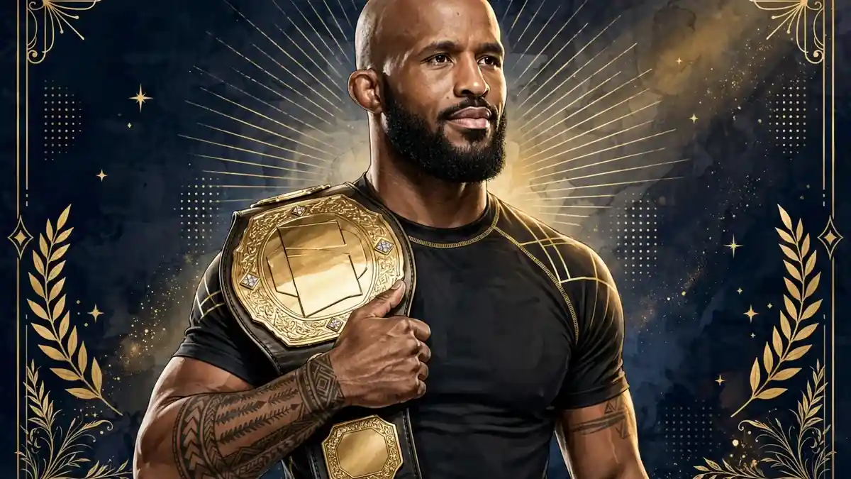 Illustrated portrait of Demetrious 'Mighty Mouse' Johnson holding a championship belt, navy and gold editorial style