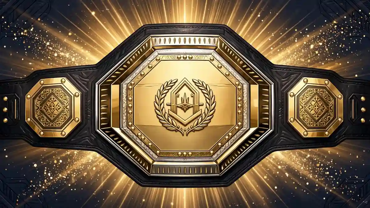 Illustration of an MMA championship belt on a dark navy octagon canvas with golden light