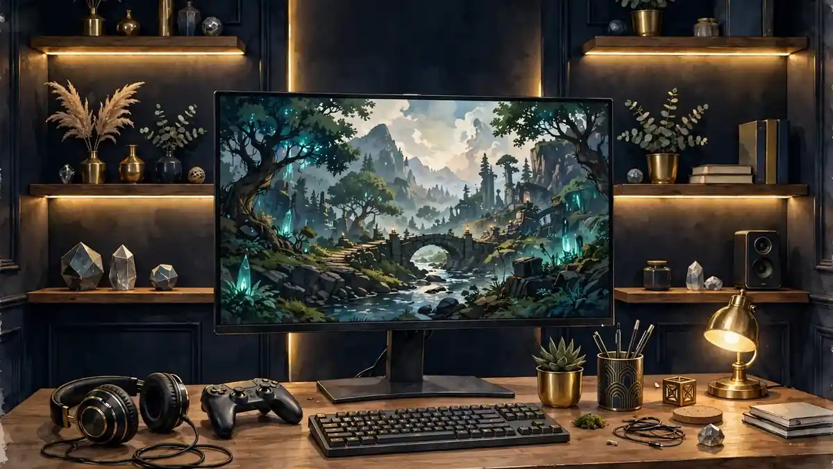 Illustration of a gaming streaming setup with a monitor, controller and headphones in navy and gold tones