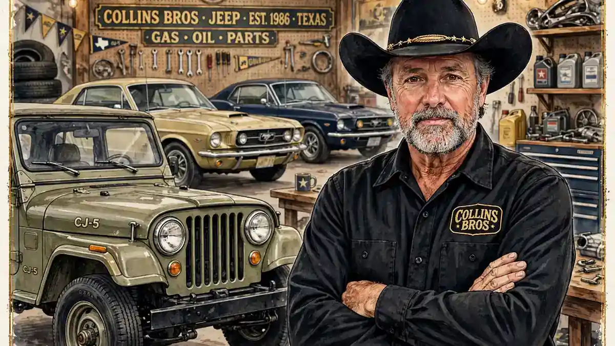 Stylized illustrated portrait of Dennis Collins standing beside a classic Jeep and vintage Mustangs