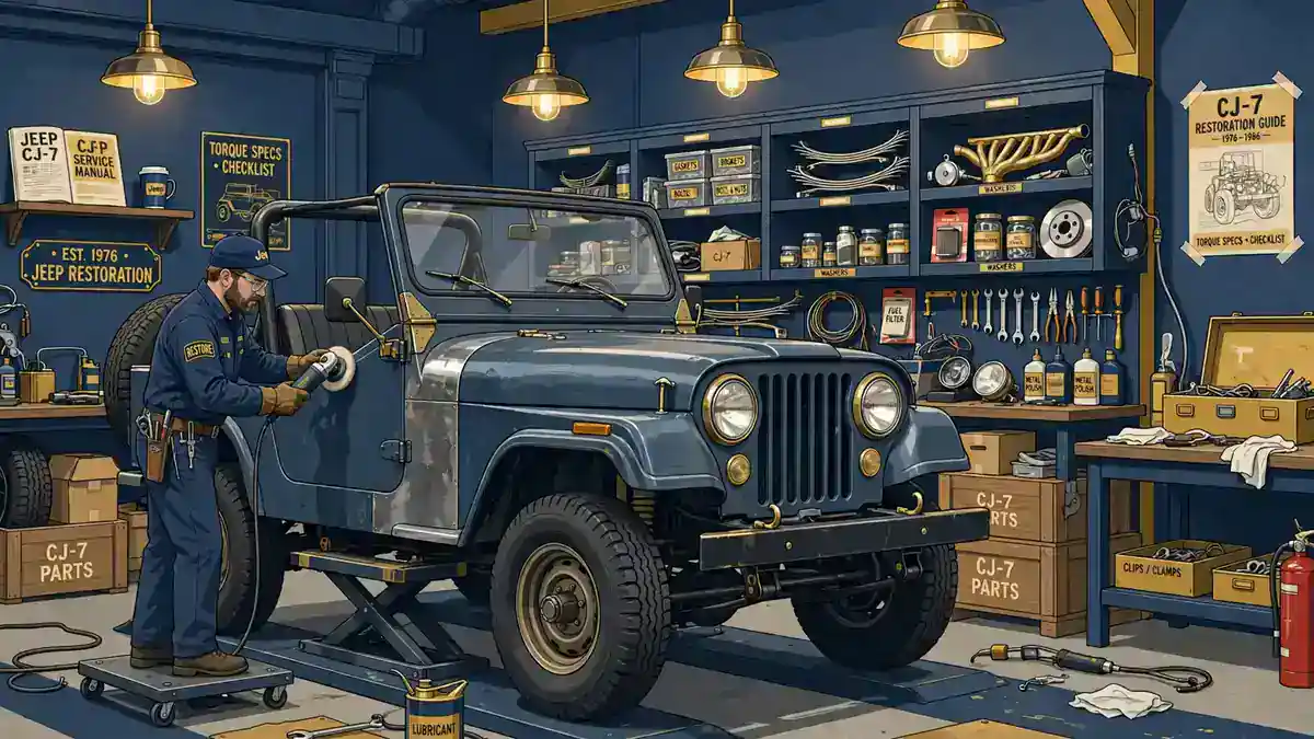 Illustration of a Jeep CJ-7 being restored on a lift in the Collins Brothers Jeep workshop