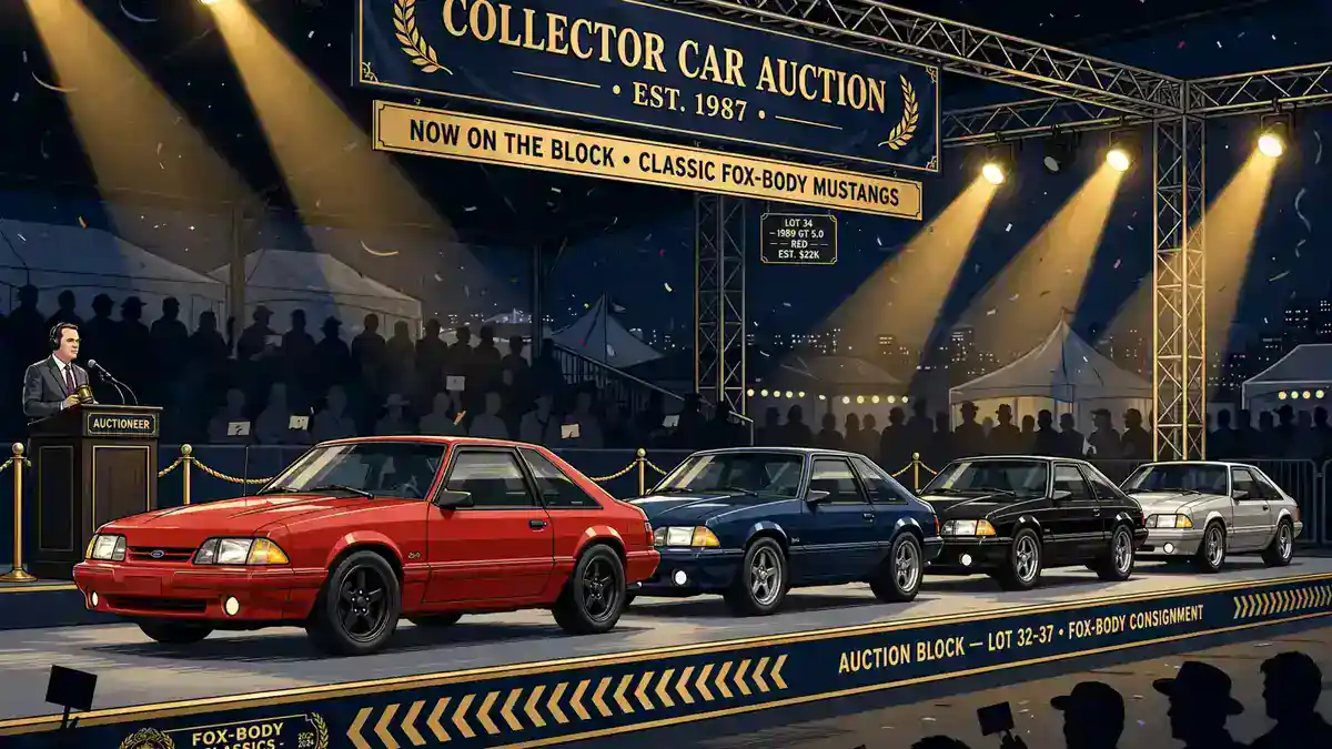 Illustration of classic Fox-body Ford Mustangs crossing the auction block at Barrett-Jackson