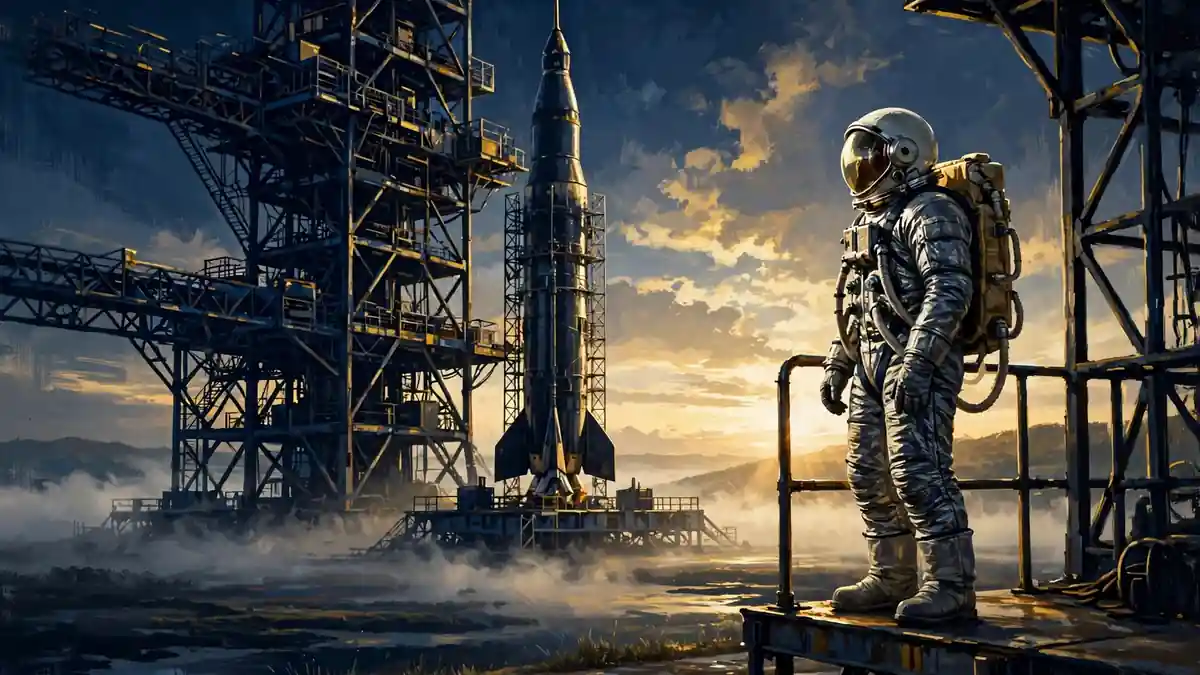 Illustration of a vintage space-race scene with an astronaut beside a rocket gantry at dawn
