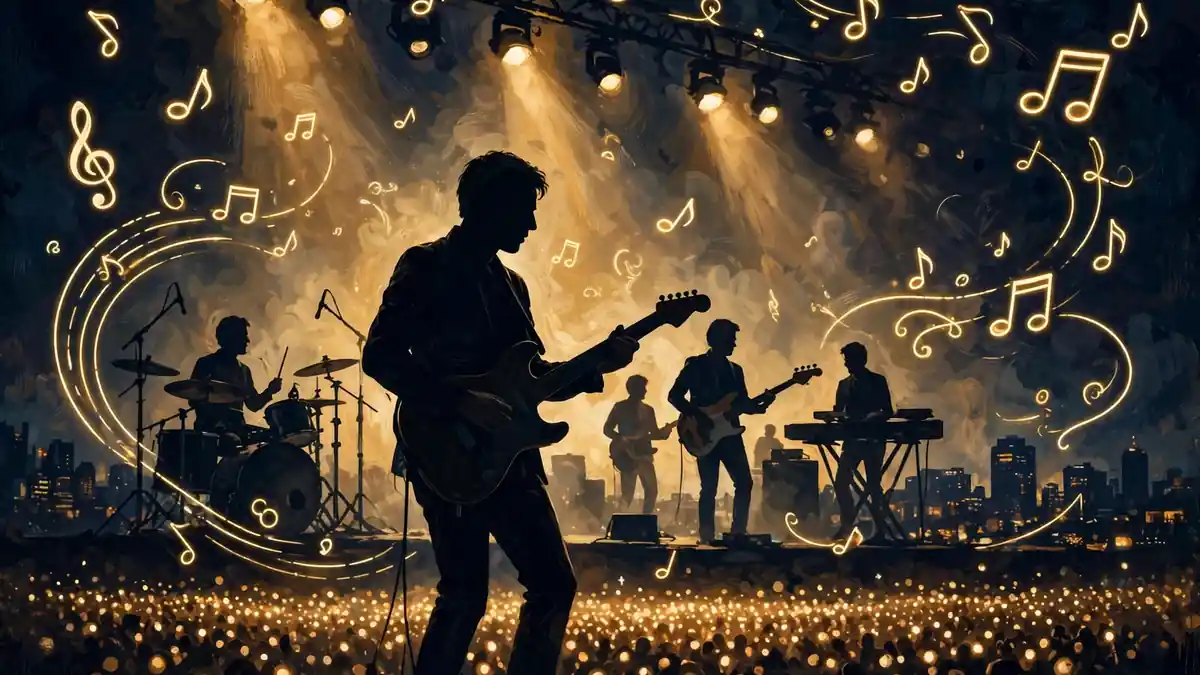 Illustration of a guitarist performing on stage with a band under warm Nashville stage lights