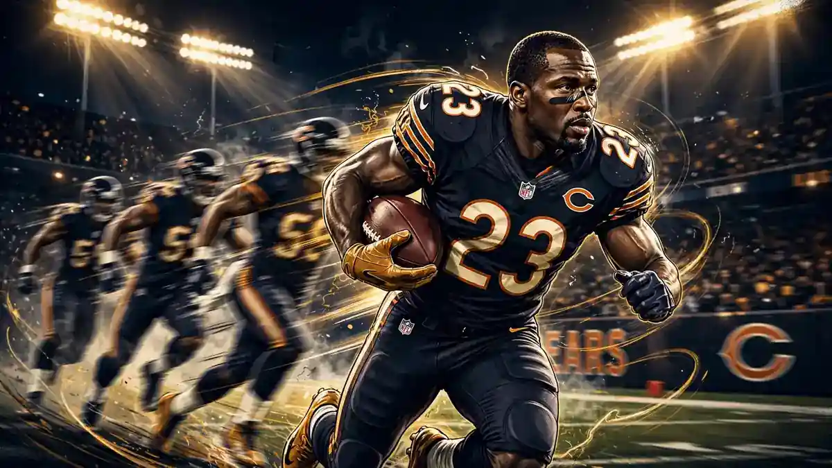 Devin Hester net worth — stylized illustration of the Chicago Bears return specialist in navy and gold
