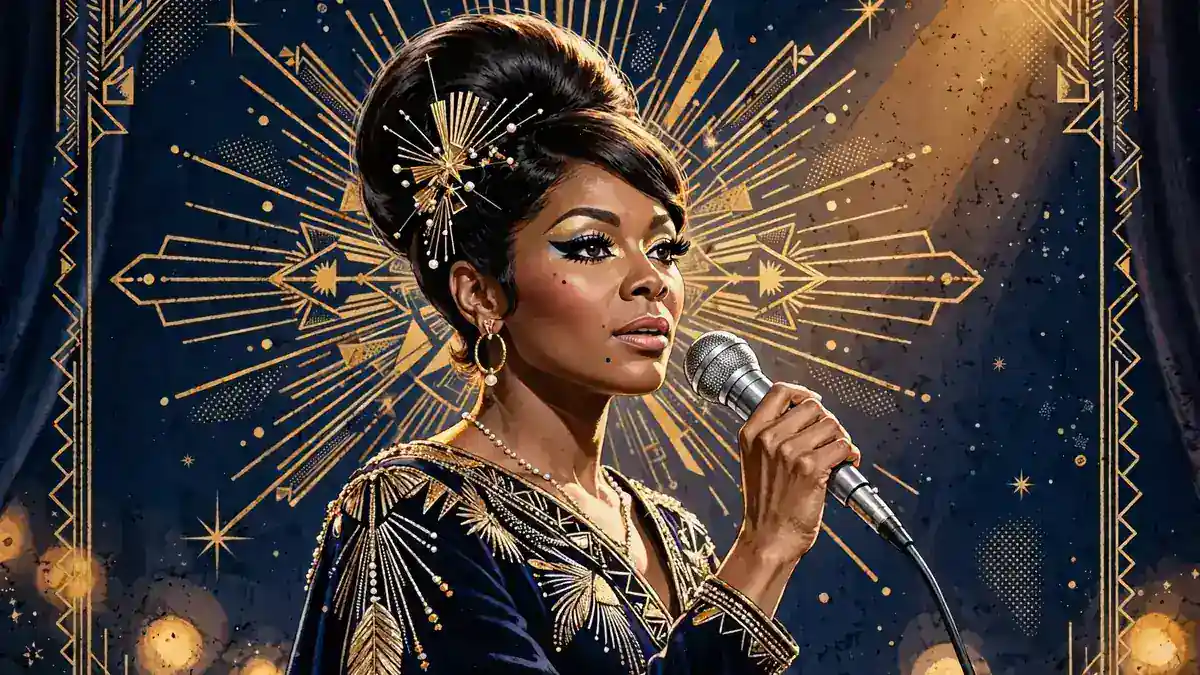 Stylized navy-and-gold editorial illustration of singer Dionne Warwick on stage with a vintage microphone