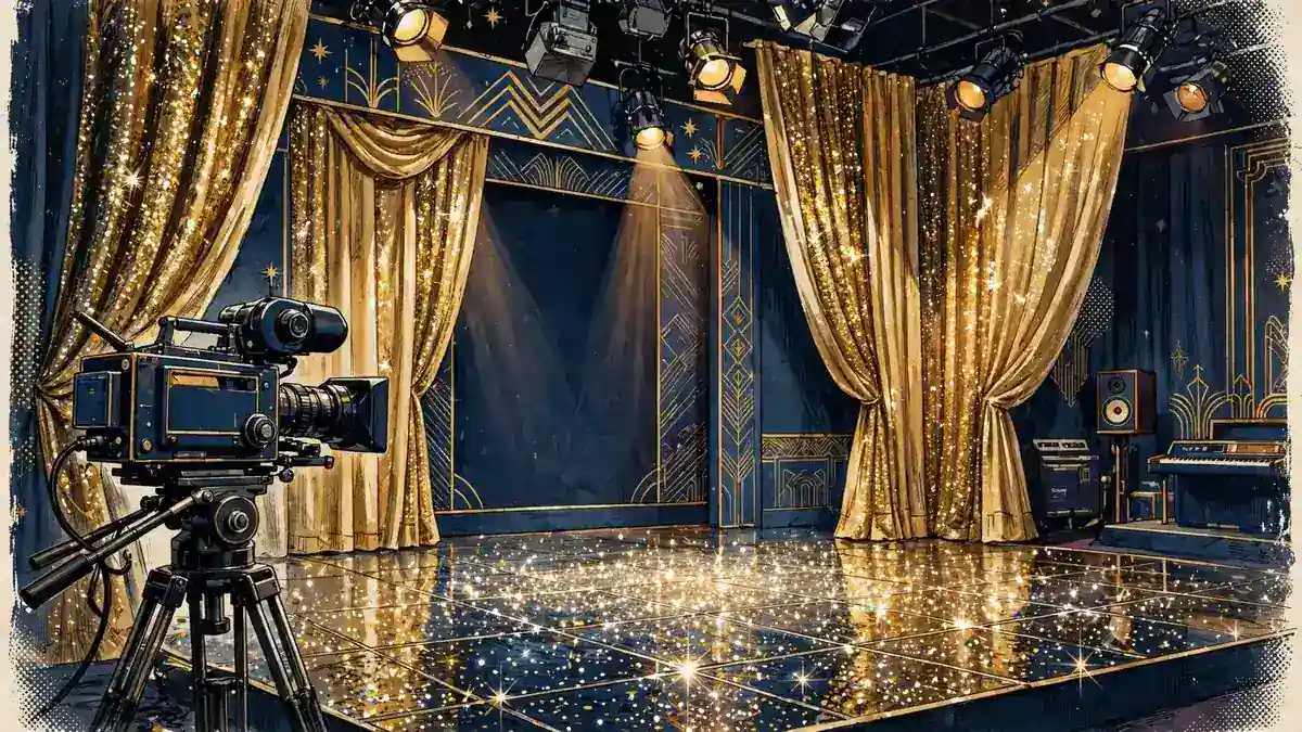 Vintage 1980s music television studio illustration with gold curtains and a retro TV camera