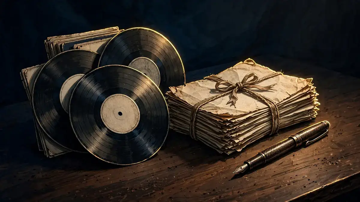 Vintage vinyl records and aged royalty statement documents on a dark desk