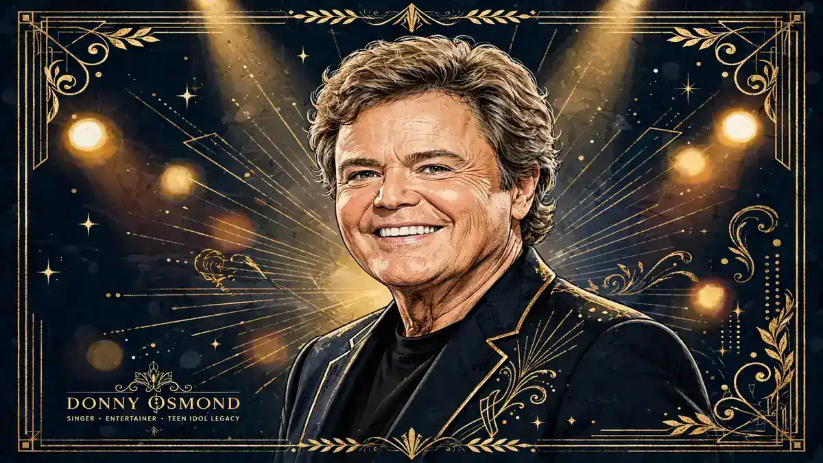 Illustrated portrait of singer Donny Osmond in a navy-and-gold editorial style