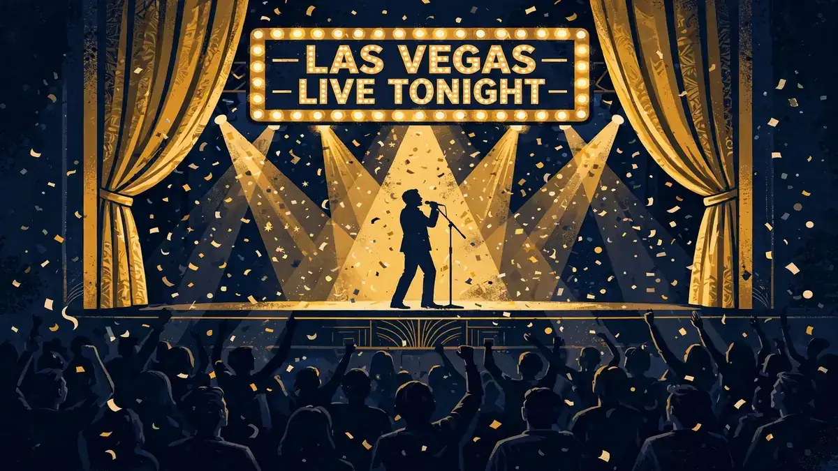 Illustrated Las Vegas showroom stage with glowing gold curtains, marquee lights and a cheering audience