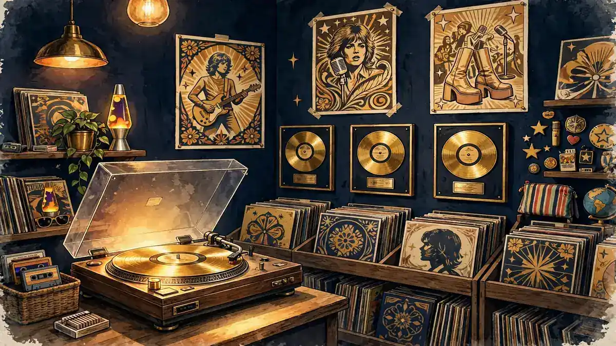 Illustrated vintage record shop scene with a turntable playing a gold vinyl record and gold record plaques on a dark wall