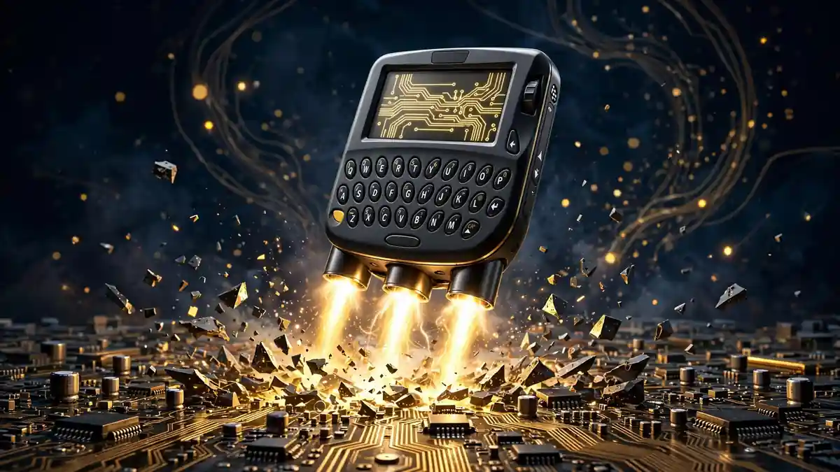 Illustration of the first BlackBerry device rising from glowing circuit boards