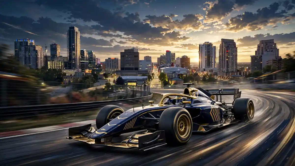 Illustration of a navy and gold race car speeding at dusk