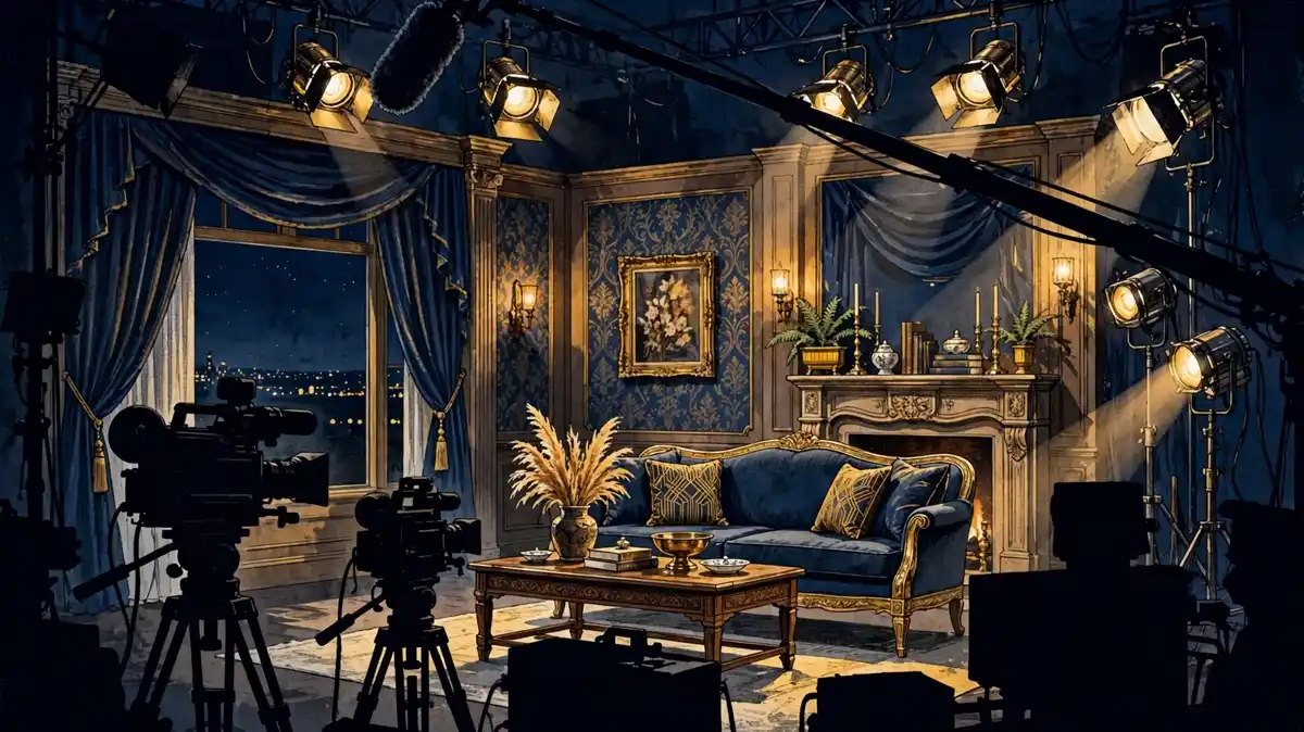 Editorial illustration of a daytime television studio set with dramatic lighting