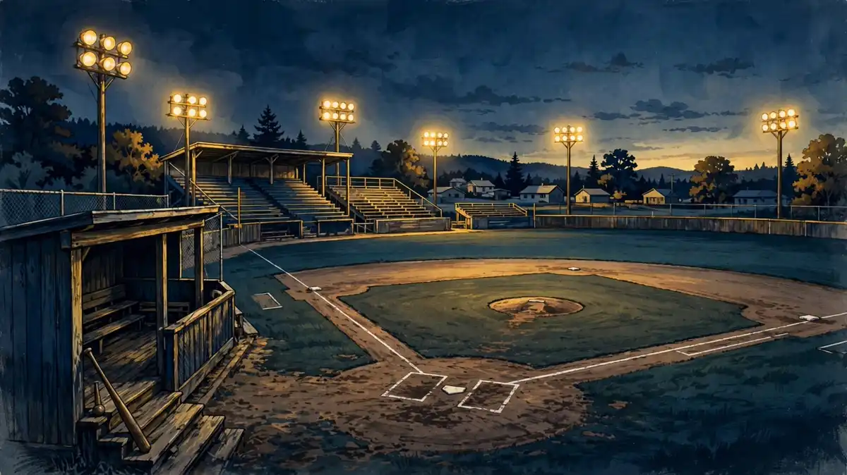 Editorial illustration of a minor league baseball stadium at dusk