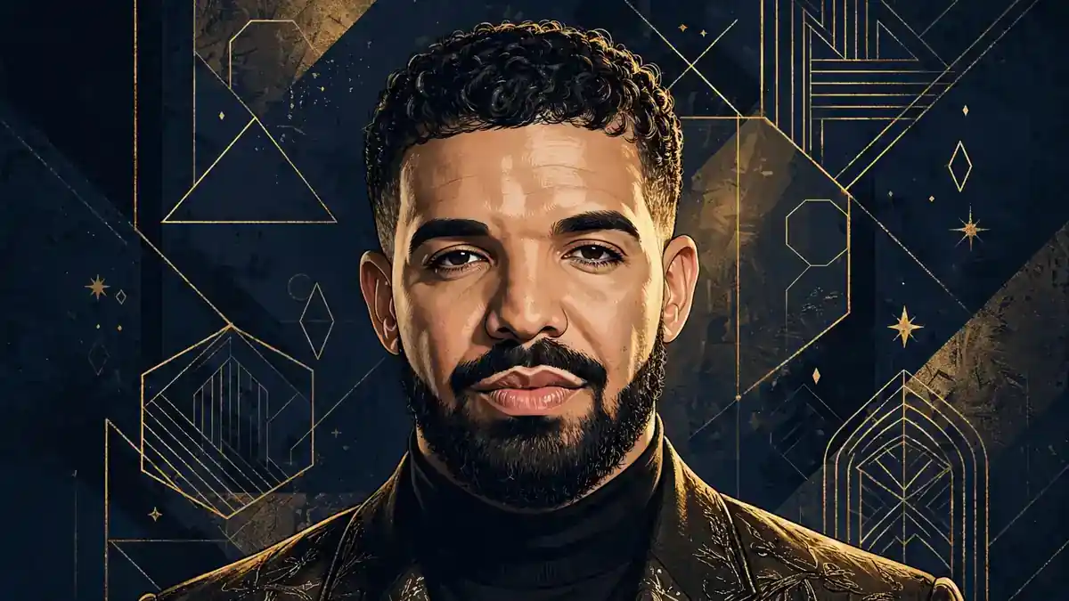 Stylized illustrated portrait of Drake in navy and gold editorial style