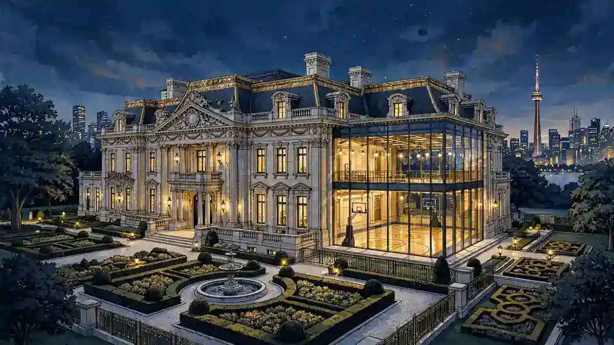 Illustration of Drake's Toronto Embassy mansion, a grand limestone estate at dusk