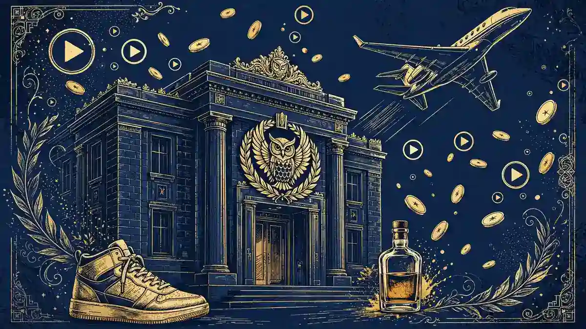 Illustration of Drake's business empire: OVO label, whiskey, sneakers and private jet