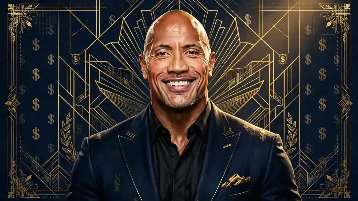 Stylized illustration of Dwayne 'The Rock' Johnson in a dark suit against a navy and gold background