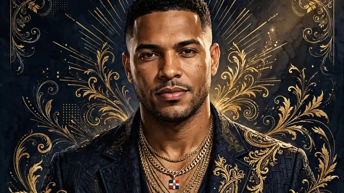 Stylized illustrated portrait of El Alfa wearing gold chains against a dark navy and gold backdrop