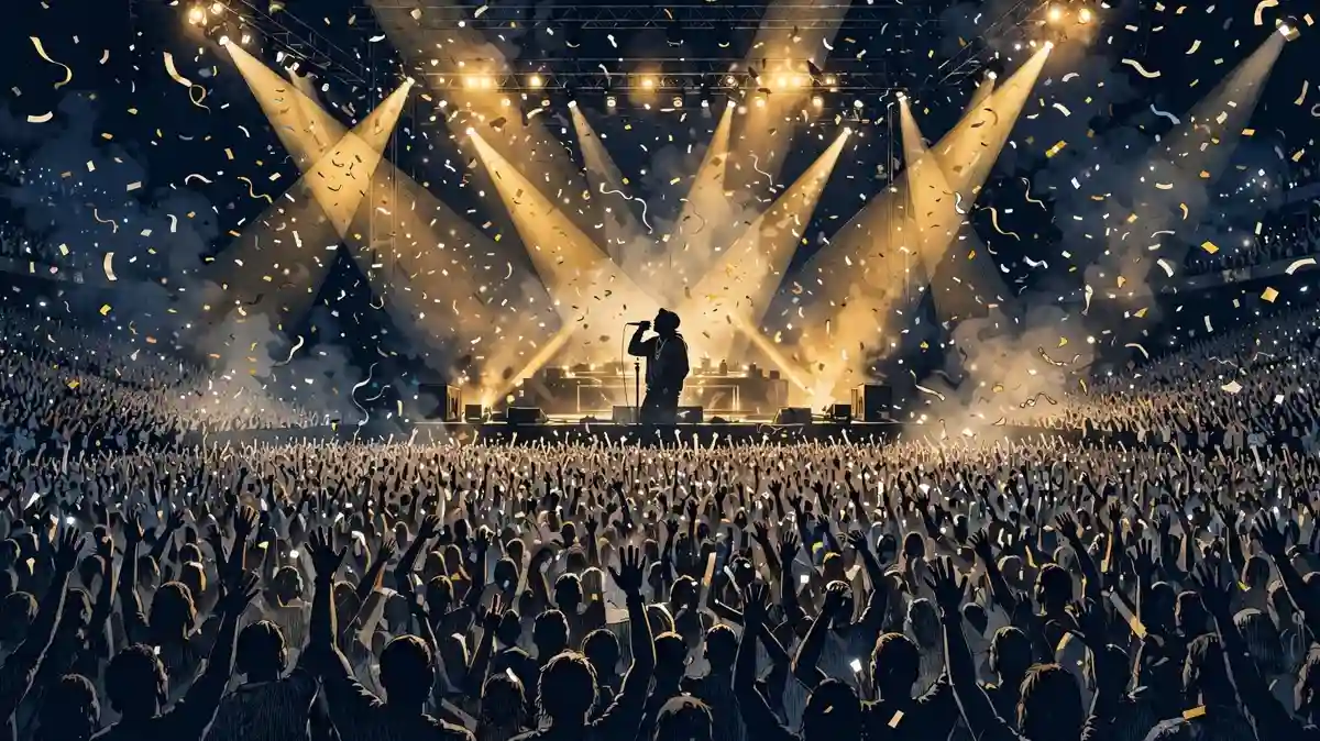 Illustrated arena concert scene with a dembow artist on stage before a massive crowd under golden lights