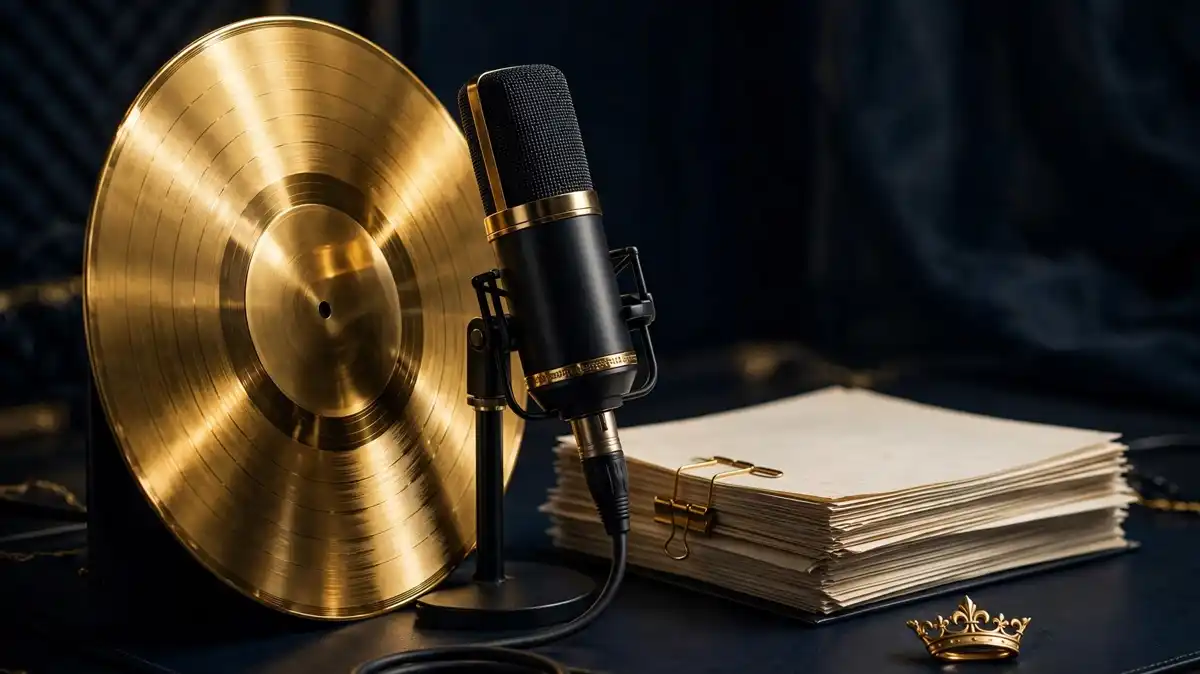 Editorial illustration of a gold vinyl record and studio microphone on a record label desk