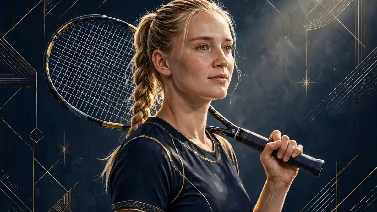 Stylized illustrated portrait of tennis player Elena Rybakina in navy and gold editorial style