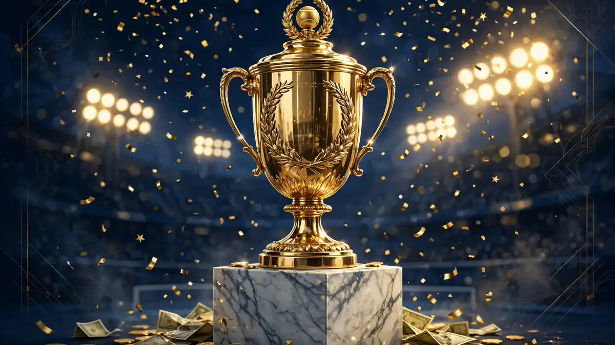 Illustration of a Grand Slam tennis trophy with gold prize-money motifs in navy editorial style