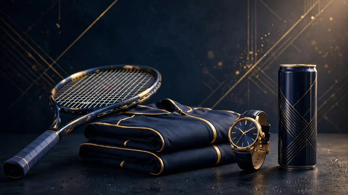 Illustration of tennis sponsorship gear — racquet, apparel and watch — in navy and gold editorial style