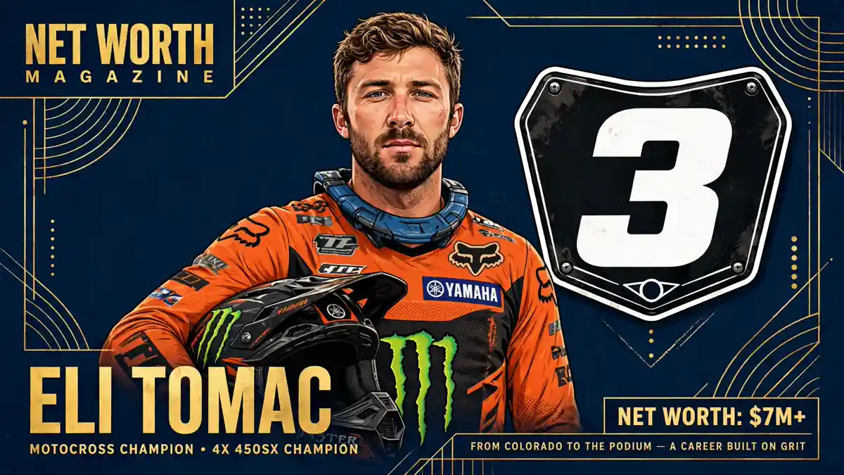 Stylized illustrated portrait of motocross champion Eli Tomac holding his helmet, navy and gold editorial artwork