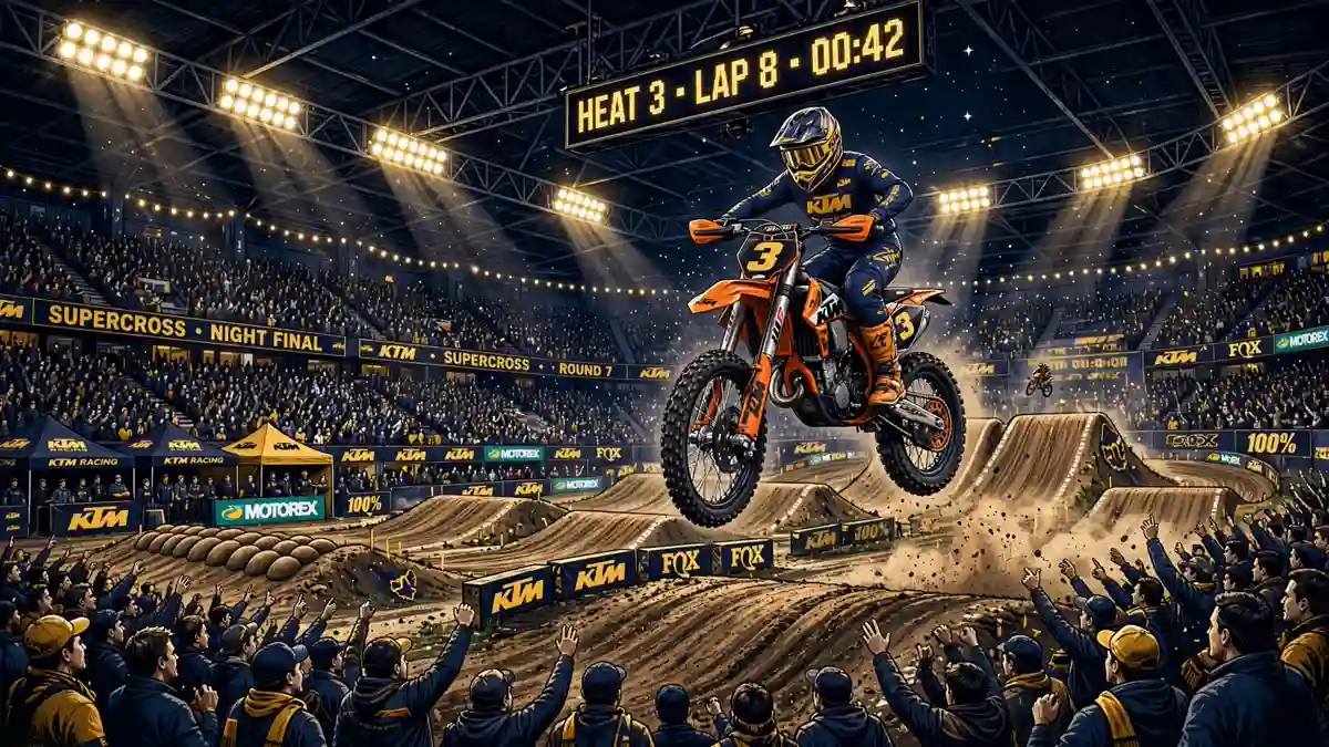 Stylized illustration of a packed supercross stadium at night with a KTM number 3 bike airborne, navy and gold artwork