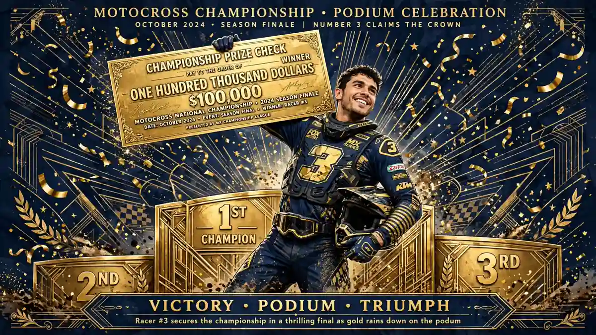 Stylized illustration of a motocross champion with number 3 plate raising an oversized golden prize check on a podium, navy and gold artwork