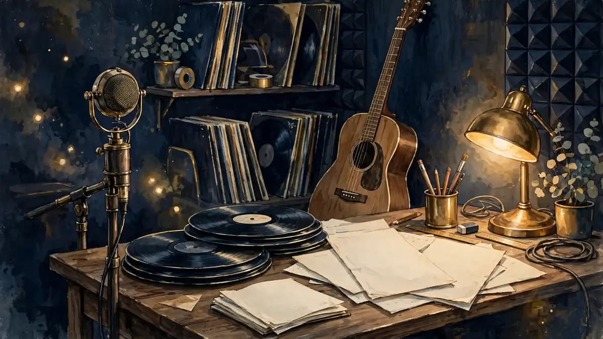 Illustration of an indie music recording studio, evoking Emily Osment's Bluebiird music project