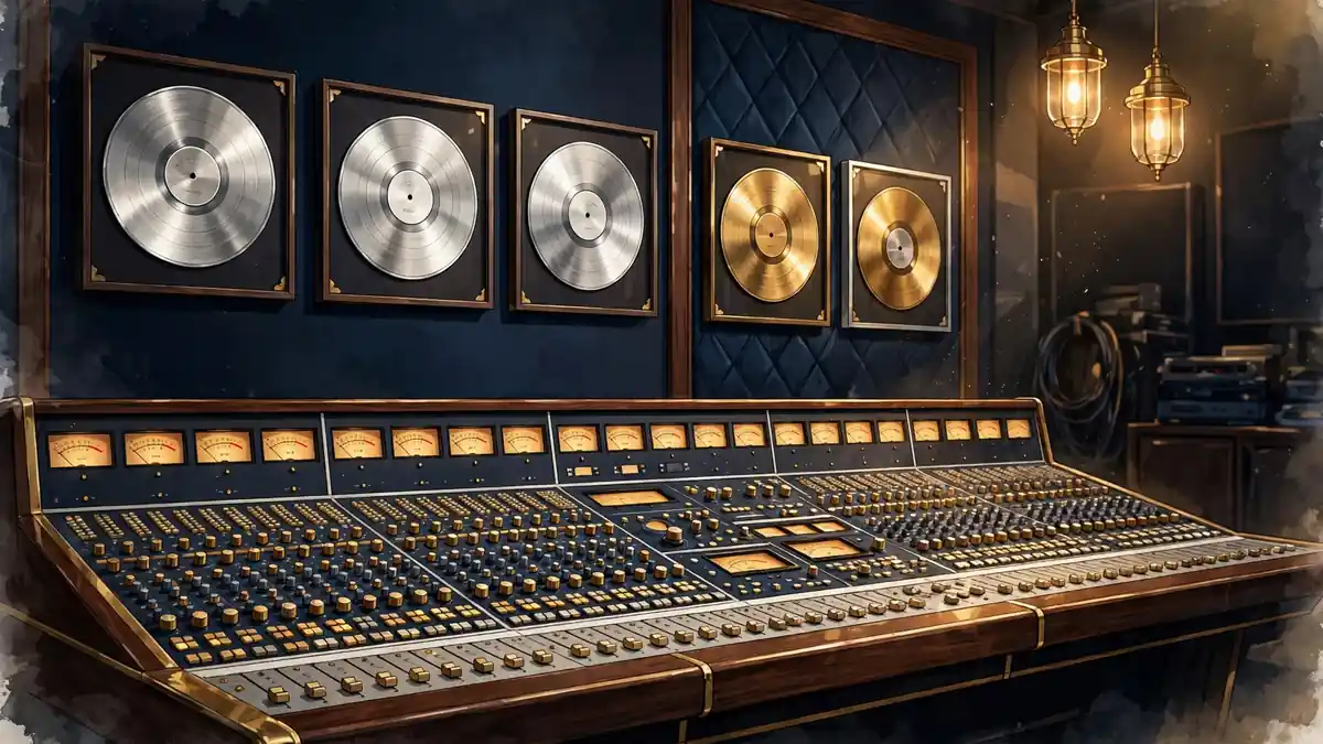 Illustration of a luxury recording studio mixing console with framed platinum and gold records
