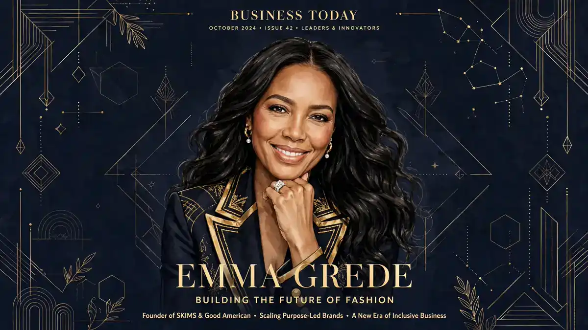 Stylized editorial illustration of Emma Grede, founding partner of Skims and co-founder and CEO of Good American