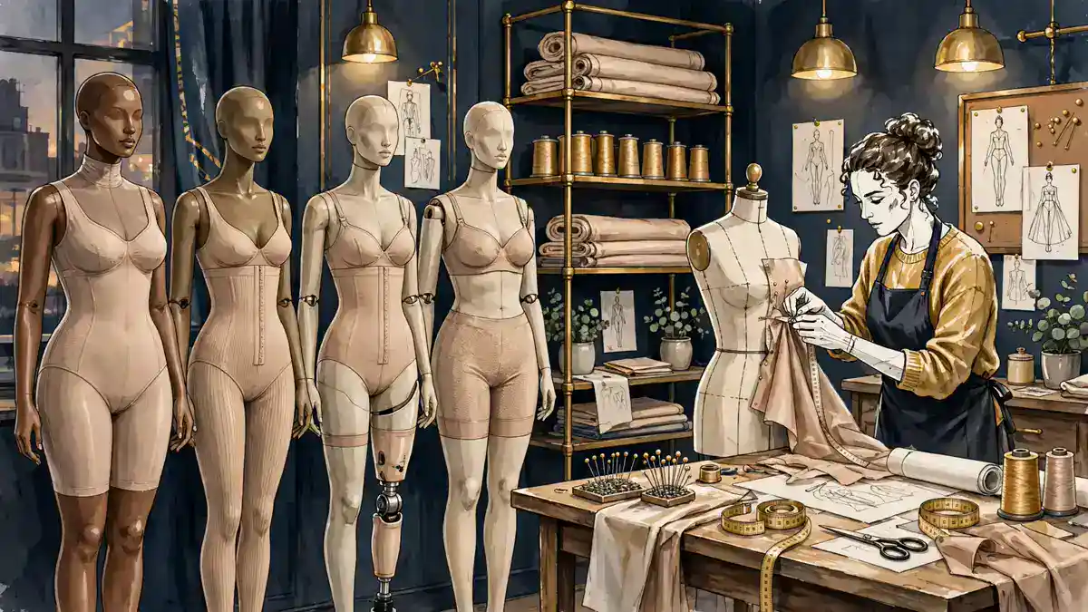 Illustration of a fashion atelier with size-inclusive mannequins in shapewear, evoking Emma Grede's product work at Skims