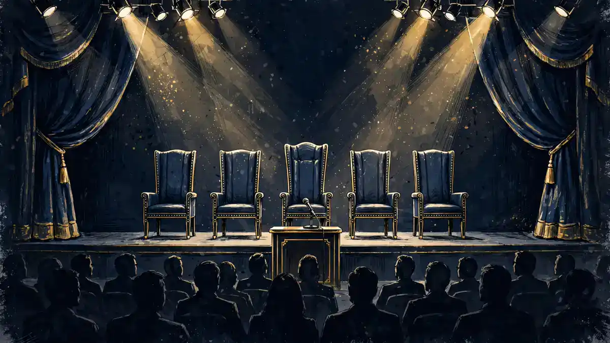 Illustration of a television investment panel set with executive chairs and stage lighting, evoking Emma Grede's appearances on Shark Tank and Dragons' Den