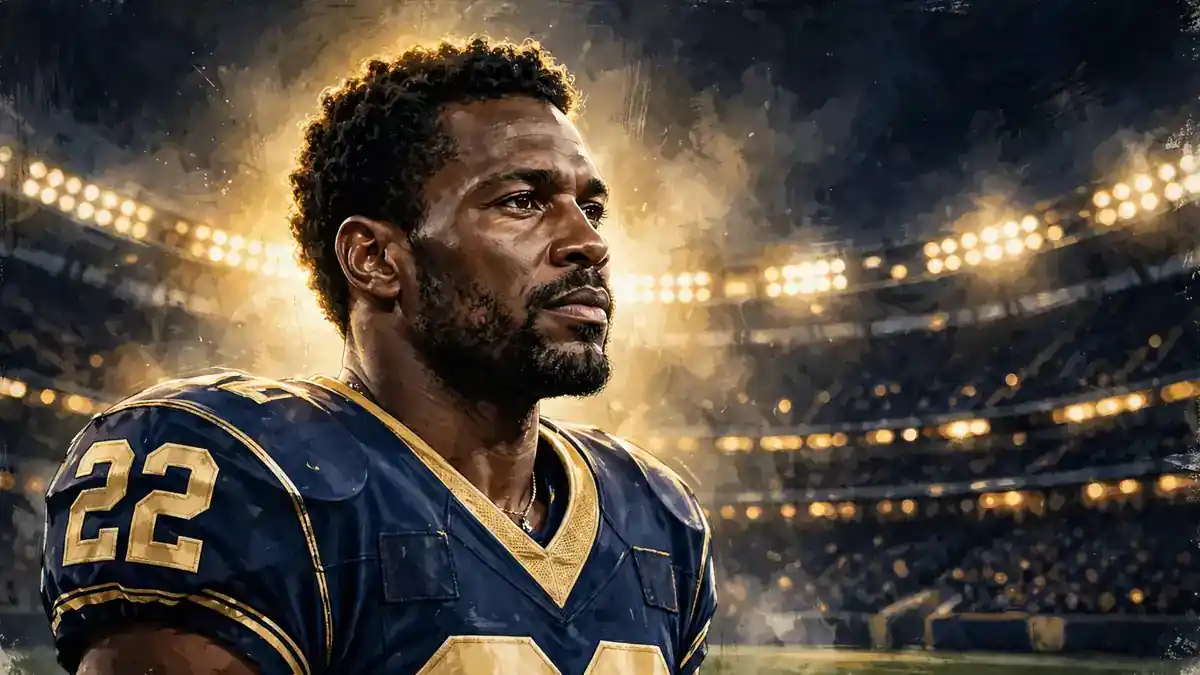 Stylized navy and gold illustrated portrait of Emmitt Smith in his number 22 jersey