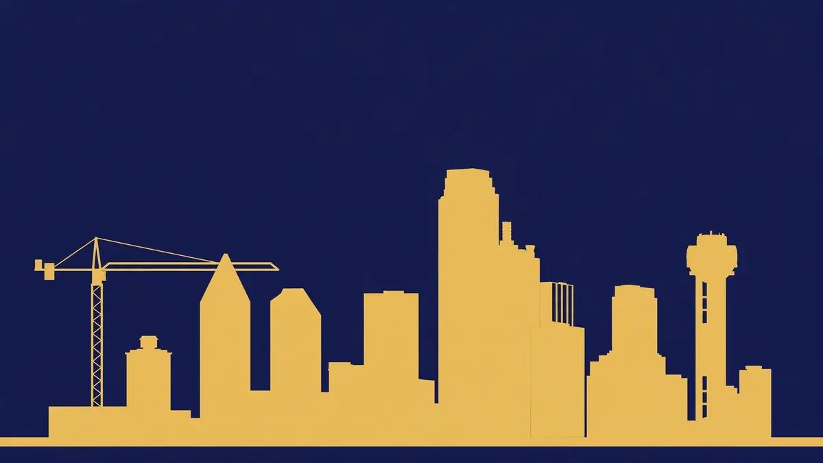 Stylized illustration of a Dallas commercial skyline at dusk with construction cranes, representing Smith's real estate business