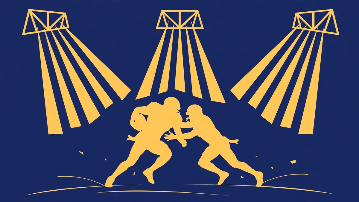 Stylized illustration of a running back breaking through a tackle under stadium lights at night