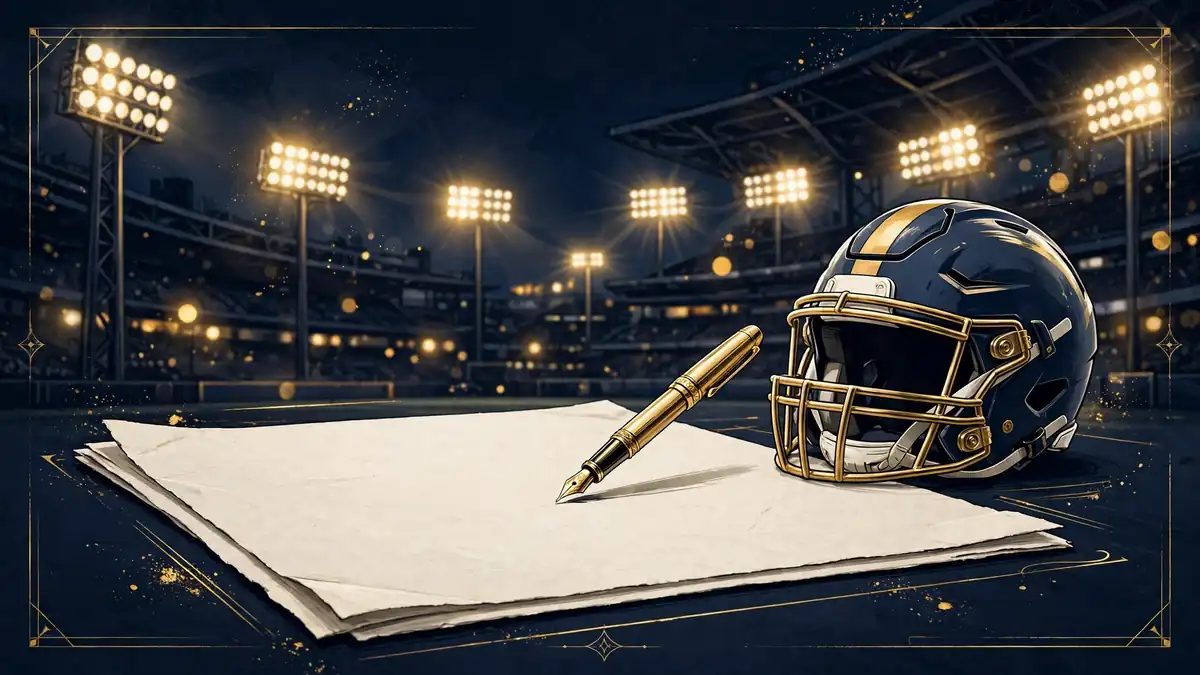 Illustration of an NFL contract signing with a fountain pen and football helmet in navy and gold