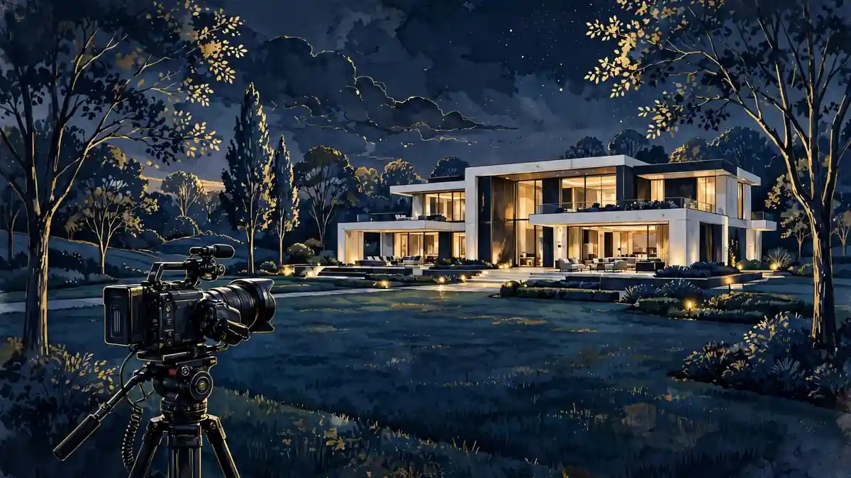Illustration of a luxury mansion at dusk with a television camera suggesting reality-TV filming, in navy and gold
