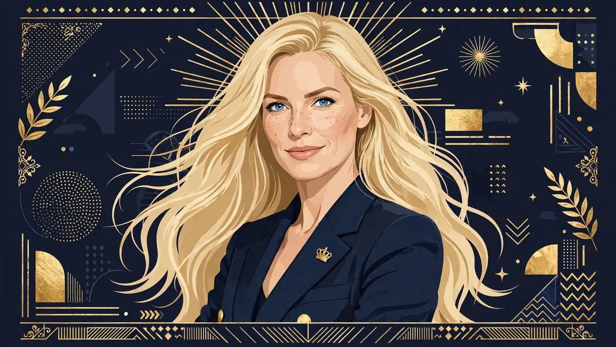 Illustrated portrait of Erika Kirk, blonde former Miss Arizona USA turned Turning Point USA CEO, dark navy and gold editorial style