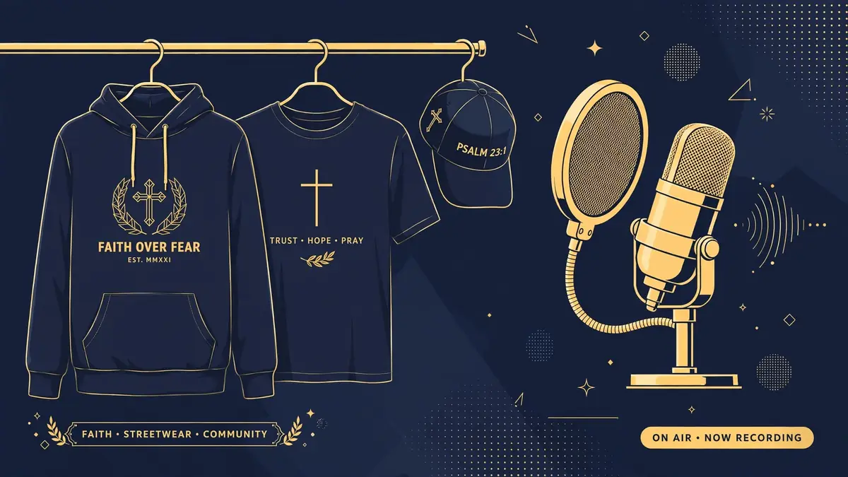 Illustrated faith-based streetwear apparel on hangers beside a podcast microphone with pop filter, dark navy and gold editorial style
