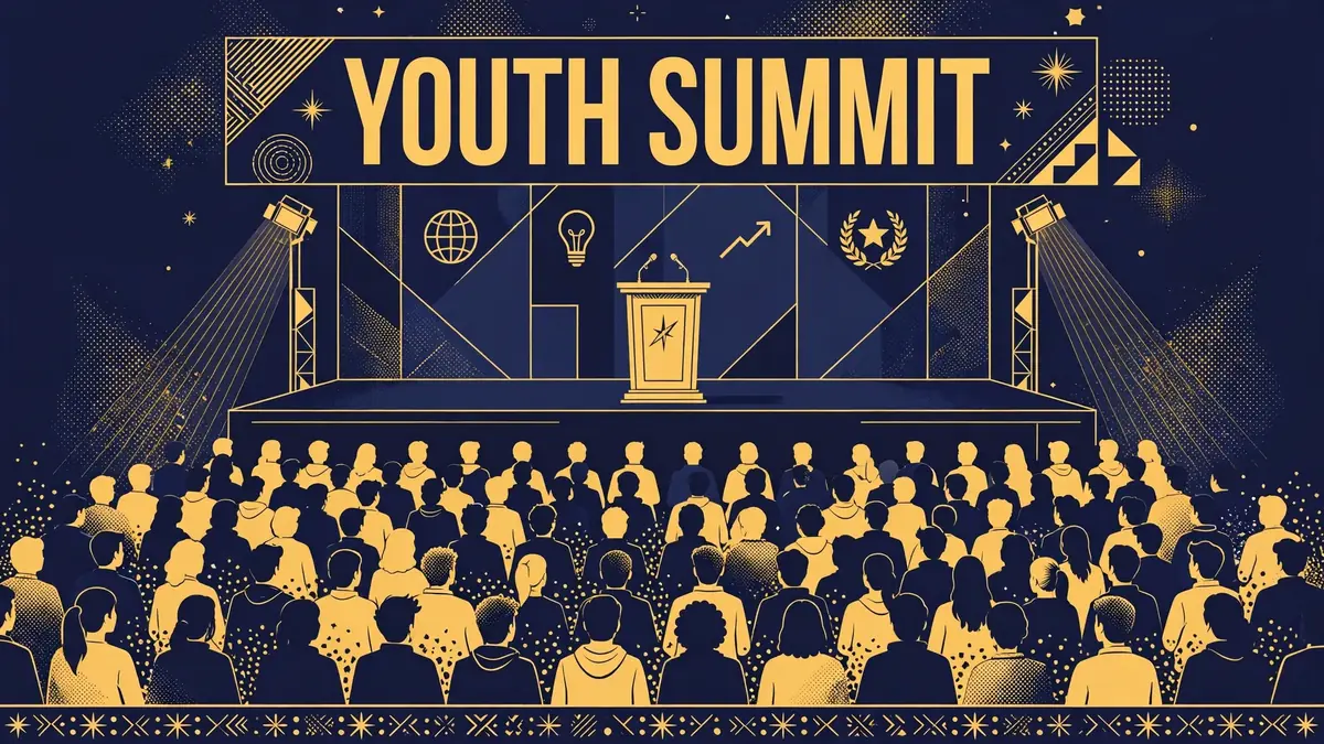 Illustrated youth summit stage with empty podium before a large audience of young people, dark navy and gold editorial style