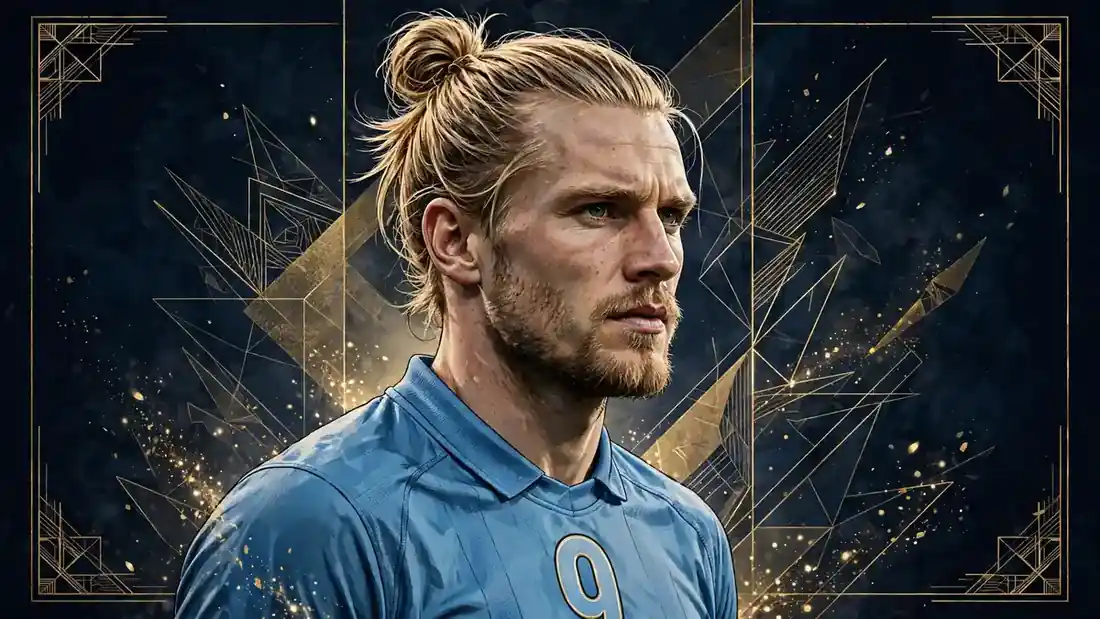 Stylized illustrated portrait of Erling Haaland in a sky-blue number nine shirt against a navy and gold background