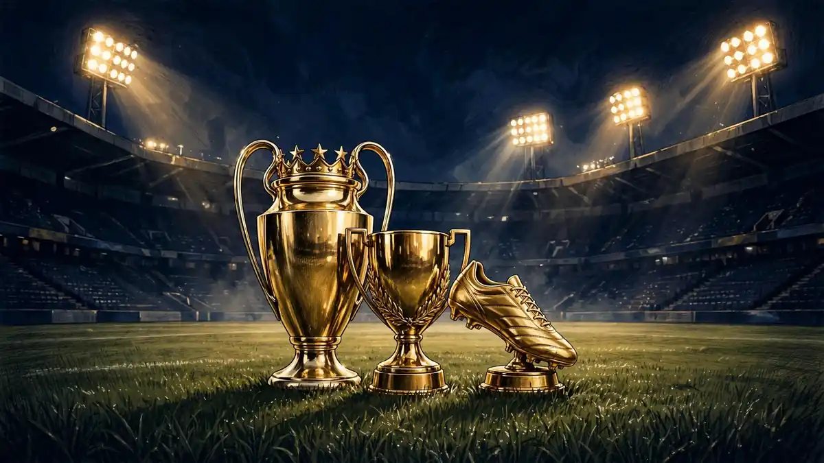 Editorial illustration of golden football trophies and a golden boot on a floodlit stadium pitch at night