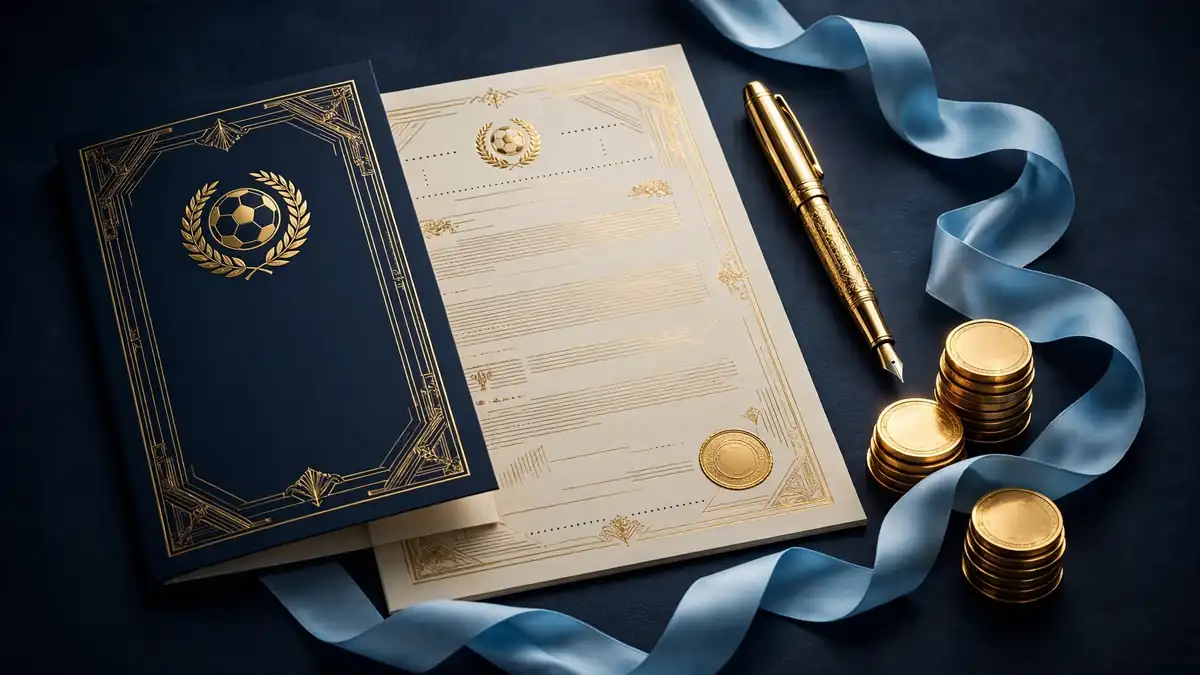 Editorial illustration of a football contract with a gold fountain pen, gold coins and a sky-blue ribbon on a dark navy desk